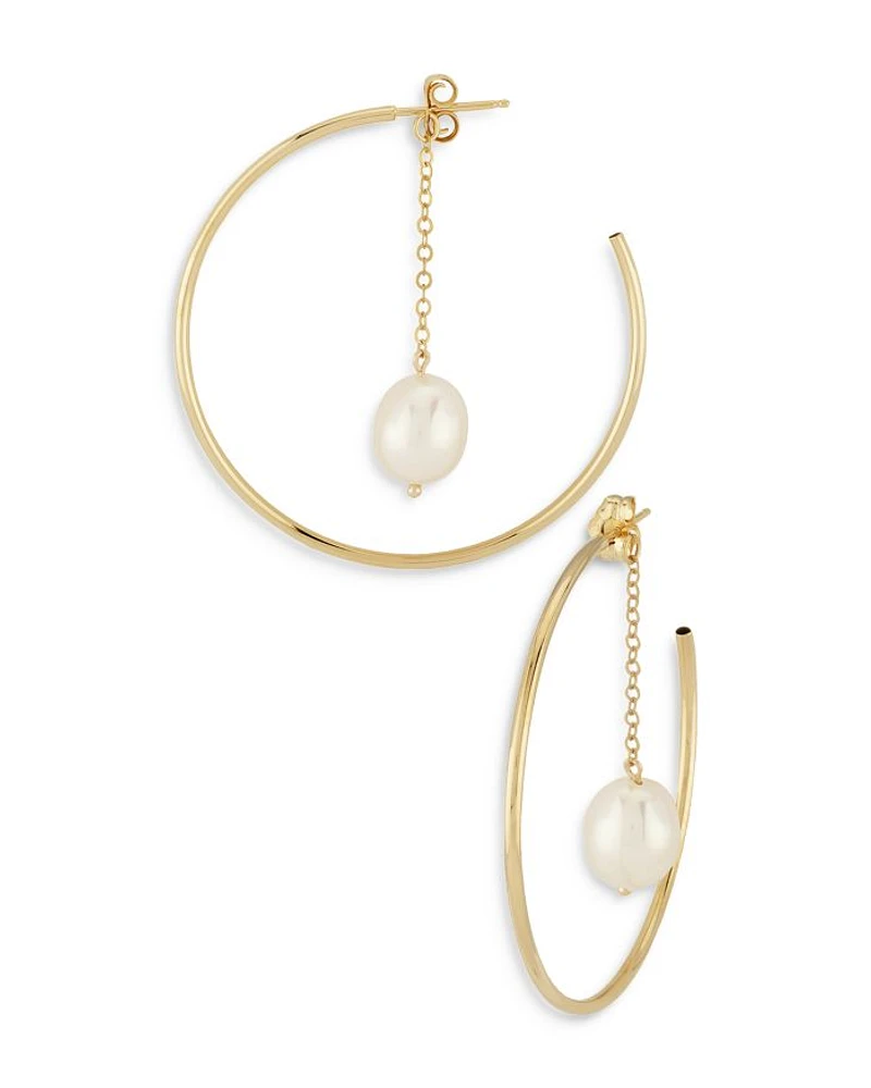 14K Yellow Gold Hoop Earrings with Cultured Freshwater Pearl - Exclusive