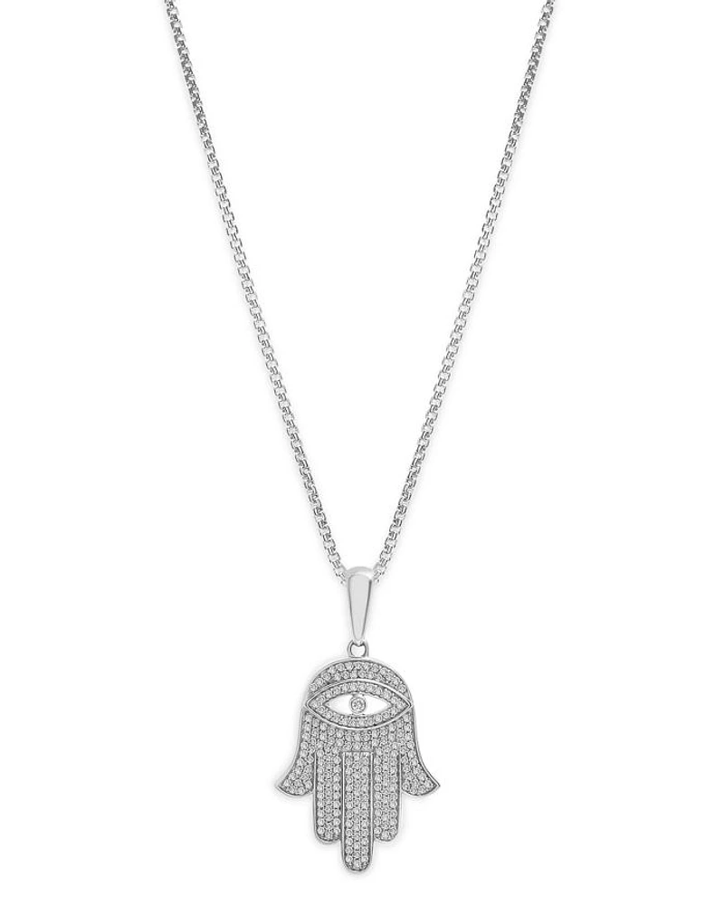 Men's Diamond Hamsa Pendant Necklace in 14K White Gold, 0.50 tcw