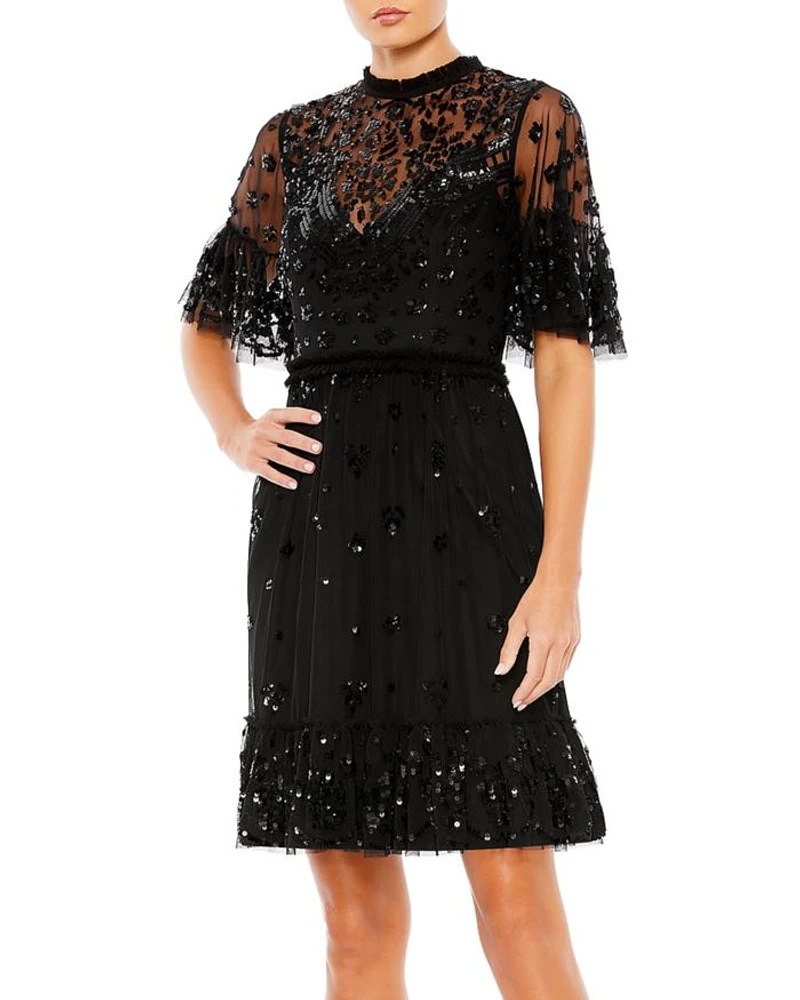 Embellished Illusion High Neck Mini Dress