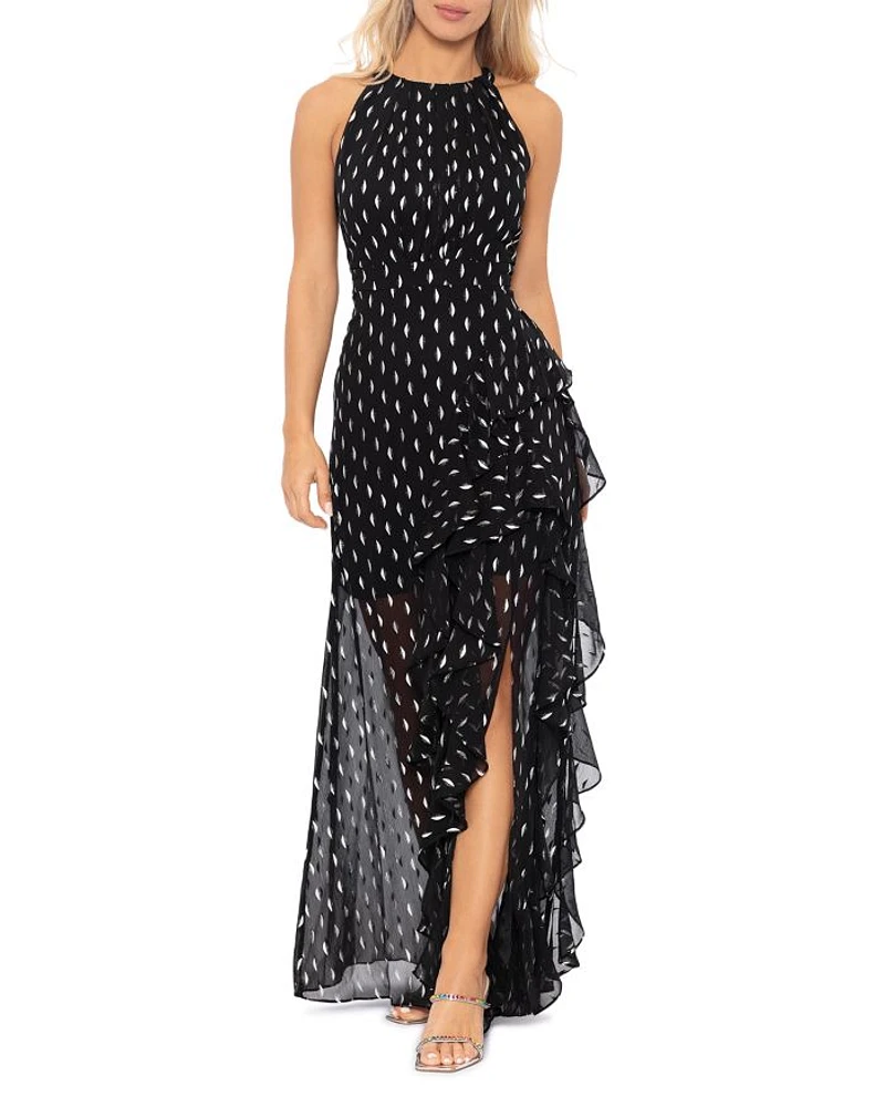 Metallic Crescent Chiffon Ruffle Gown - Exclusive