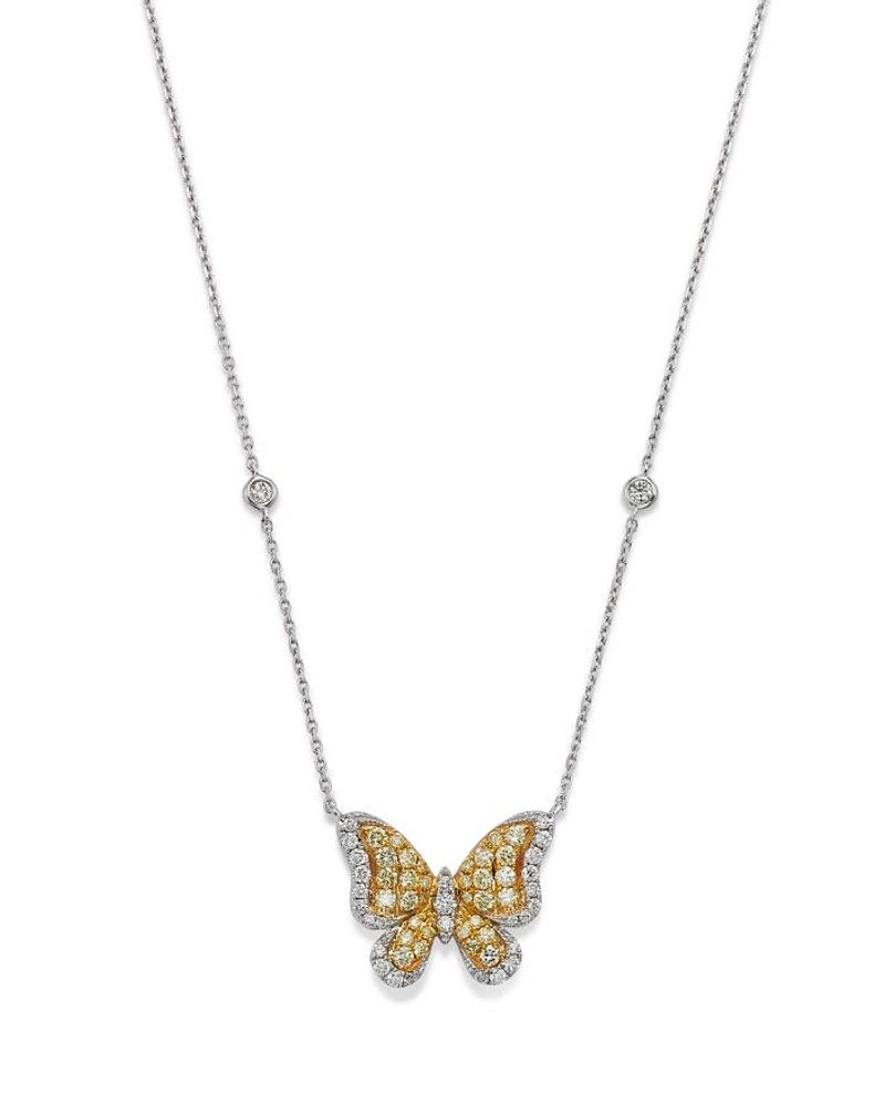 White & Yellow Diamond Butterfly Necklace in 14K Yellow & White Gold, 18"