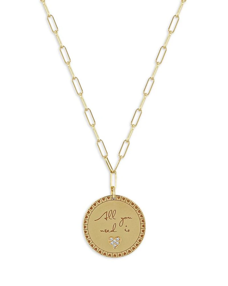 14K Yellow Gold Mantra Diamond Accented All You Need is Love Disc Pendant Necklace, 18"