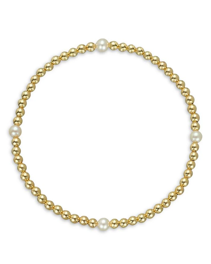14K Yellow Gold Cultured Freshwater Pearl Station Beaded Stretch Bracelet
