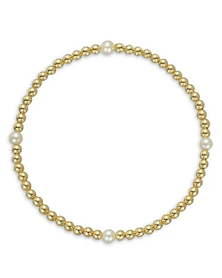 14K Yellow Gold Cultured Freshwater Pearl Station Beaded Stretch Bracelet