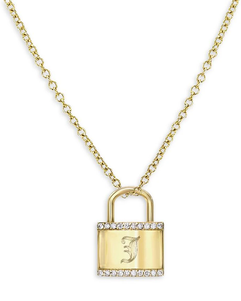 14K Gold Diamond Engraved Initial Lock Pendant Necklace, 16"-18"