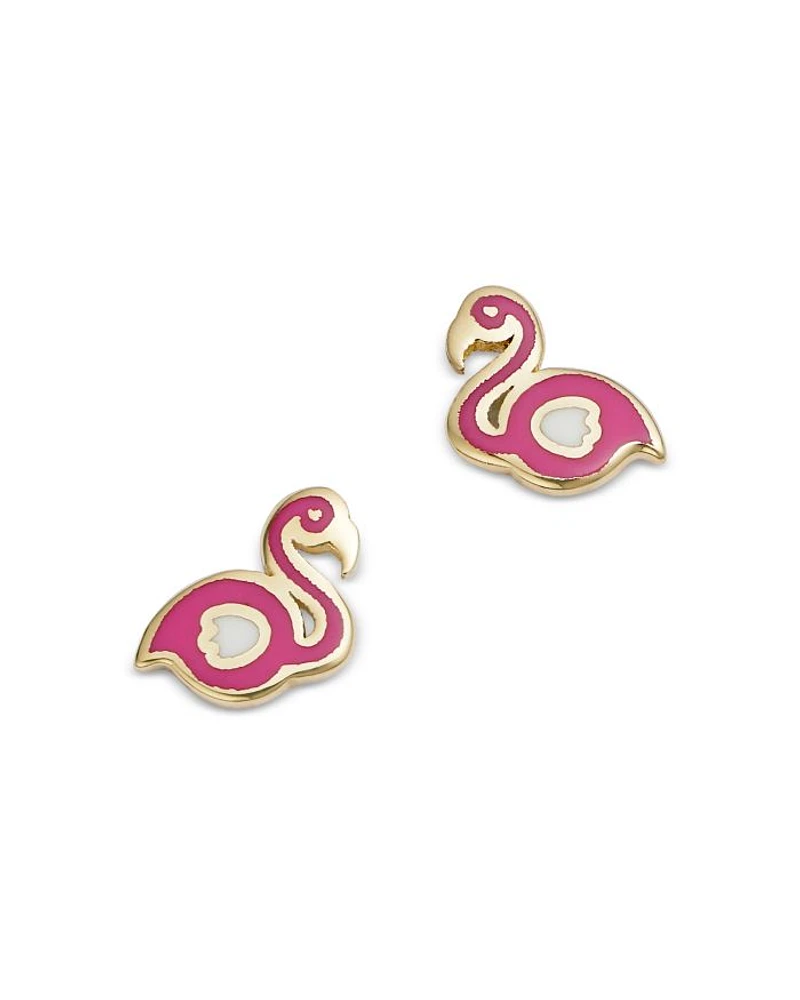 14K Yellow Gold Enamel Flamingo Stud Earrings - Exclusive
