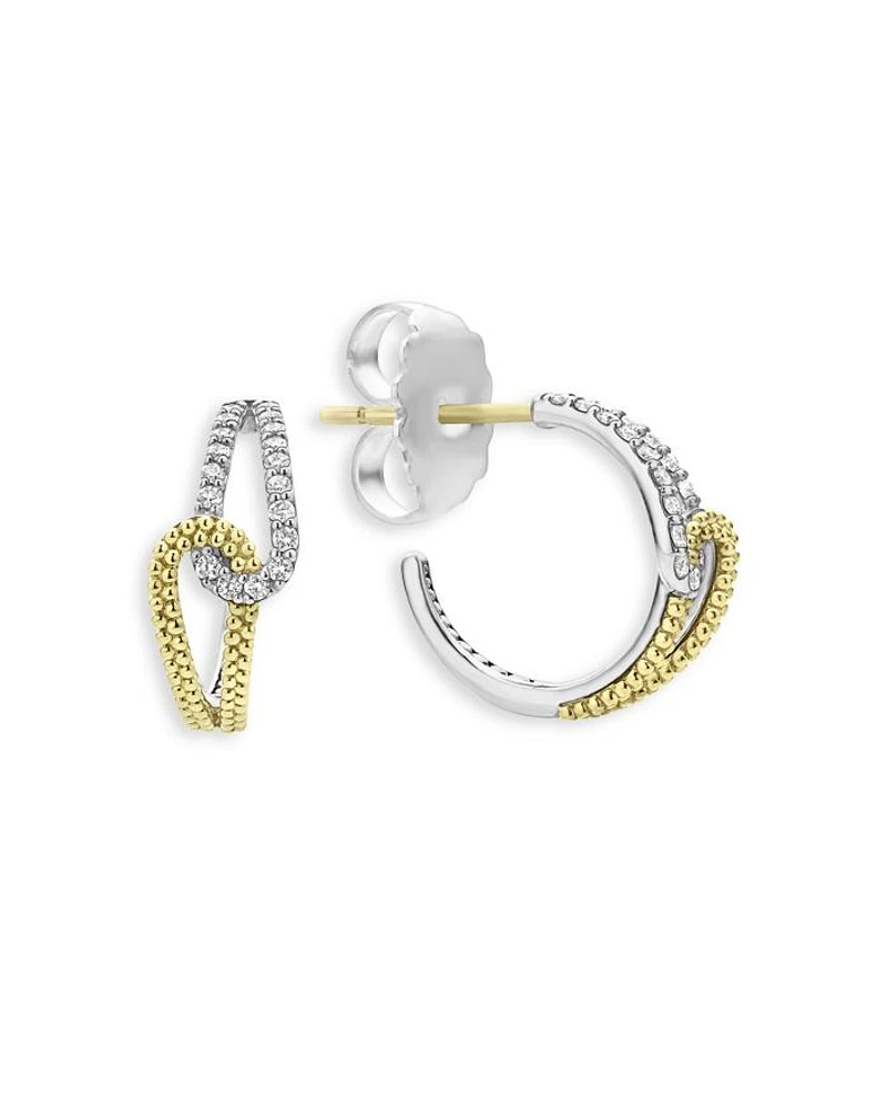 18K Yellow Gold & Sterling Silver Caviar Lux-Clip Diamond Loop Huggie Hoop Earrings - Exclusive