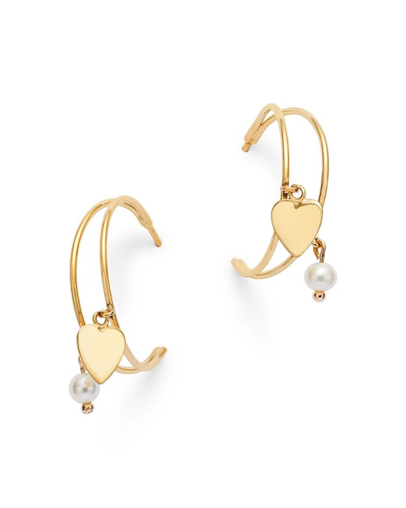 14K Yellow Gold Freshwater Pearl & Polished Heart Dangle Hoop Earrings