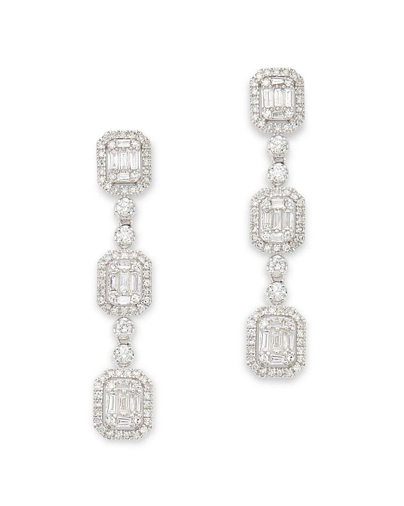 Diamond Mosaic Round & Baguette Halo Drop Earrings in 14K White Gold, 1.0 tcw