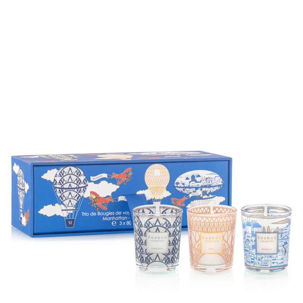 Trio of Travel Candles: Manhattan-Paris-Mykonos