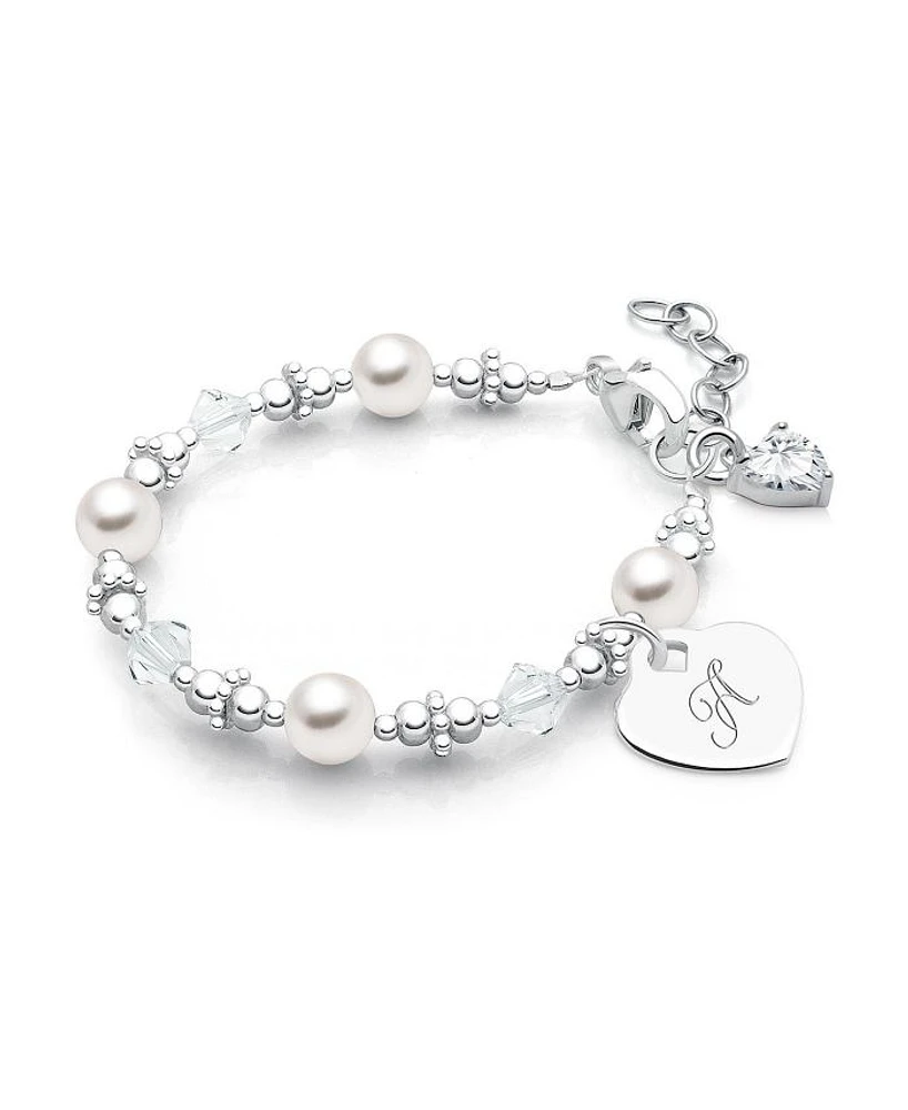 Girls Sterling Silver Crystals & Cultured Pearls Initial 5.25" Bracelet - Children