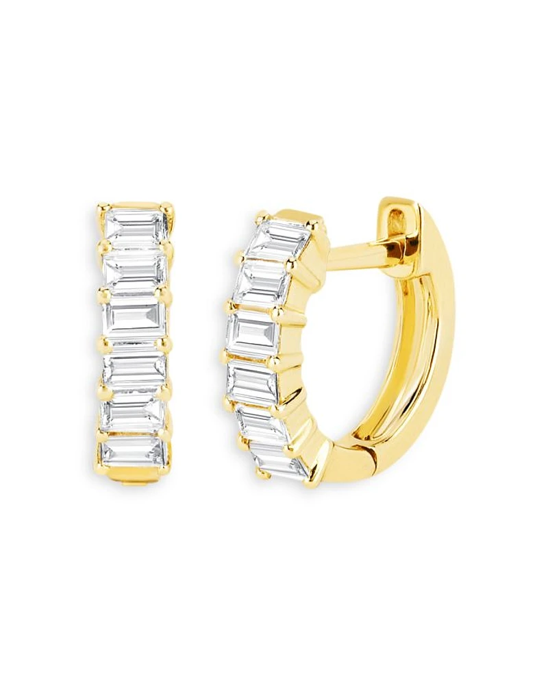 14K Yellow Gold Diamond Baguette Huggie Hoop Earrings