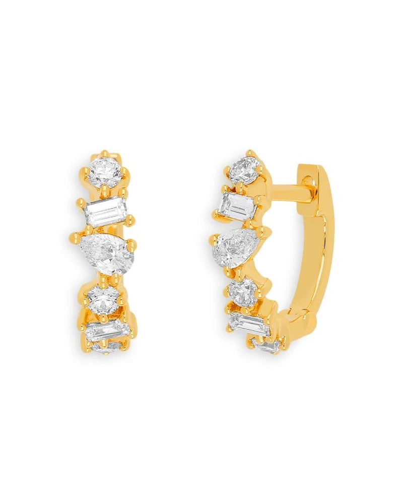 14K Yellow Gold Multi Faceted Diamond Huggie Hoop Earrings
