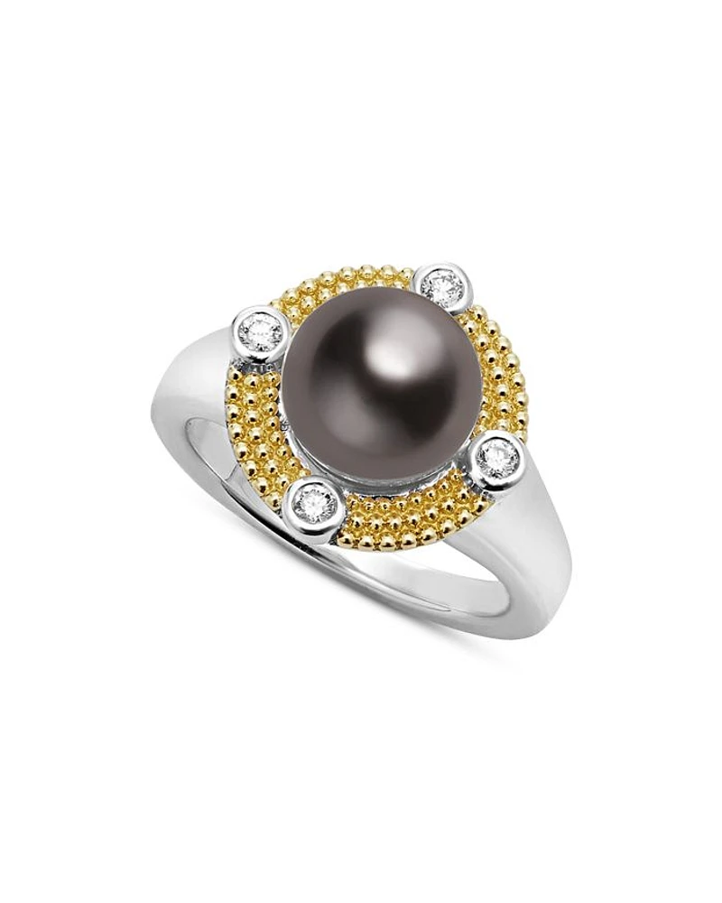 18K Yellow Gold & Sterling Silver Luna Black Tahitian Pearl & Diamond Halo Ring