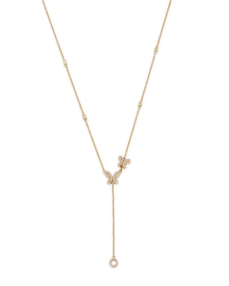 14K Yellow Gold Diamond Butterfly Lariat Necklace, 18"