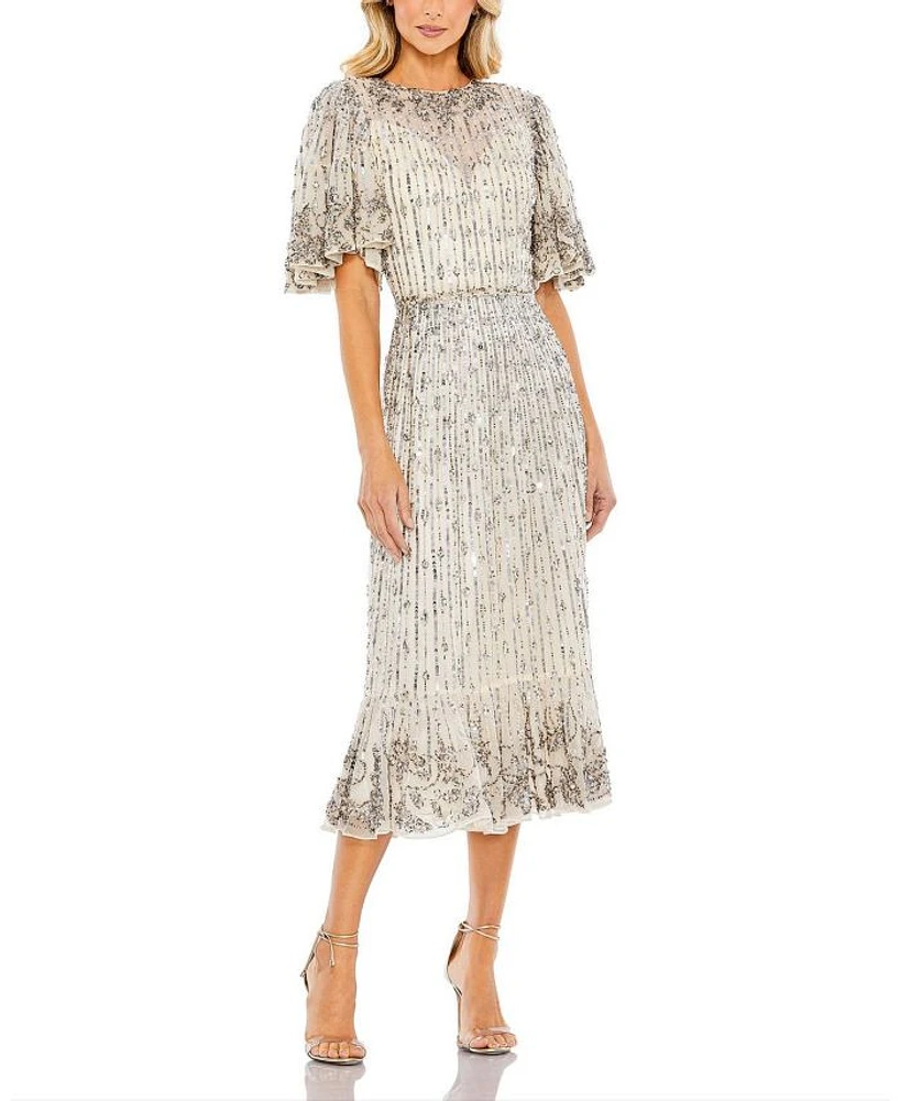 Sequined Flounce Sleeve Midi Dress