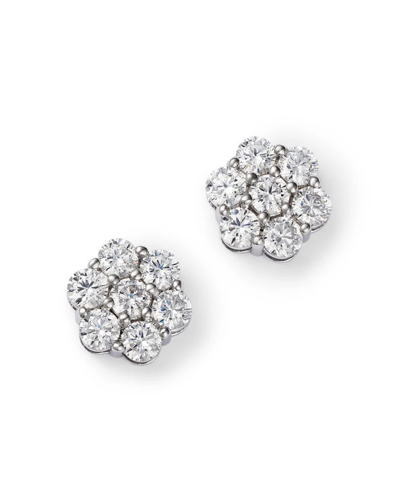 Diamond Flower Cluster Stud Earrings in 14K White Gold