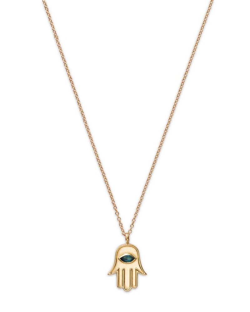 14K Yellow Gold Blue Topaz Marquis Hamsa Hand Pendant Necklace, 16-18"