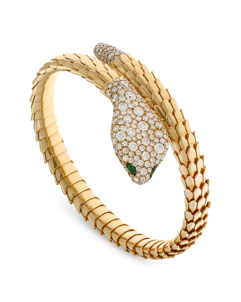 18K Yellow Gold Serpent Diamond & Emerald Bangle Bracelet - Exclusive