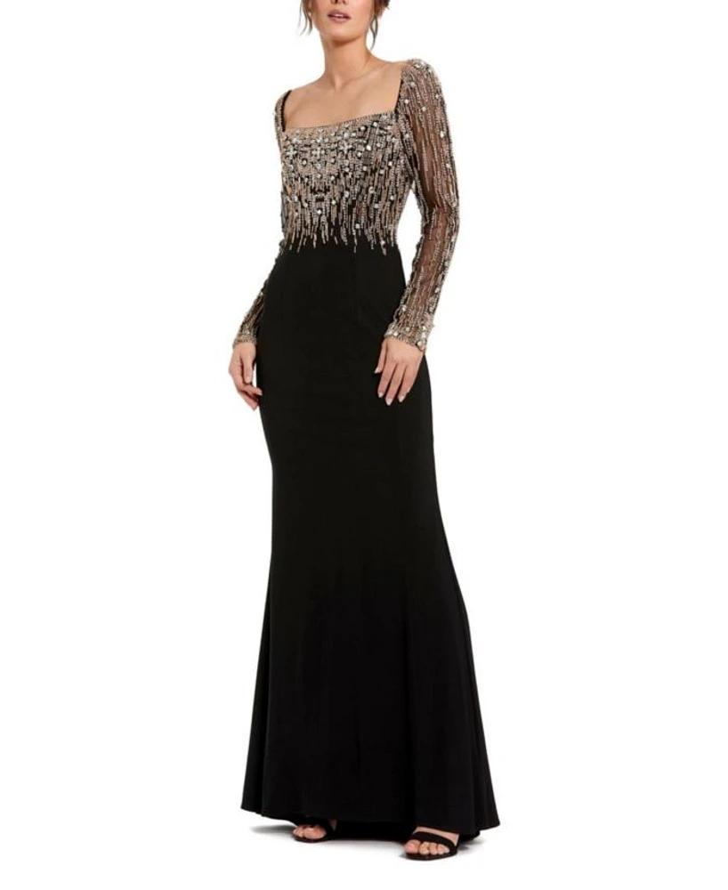 Beaded Embellished Square Neck Long Sleeve Jersey Gown