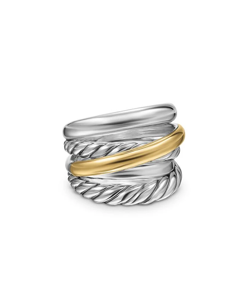 Crossover Five Row Ring Sterling Silver with 14K Yellow Gold, 17.5mm