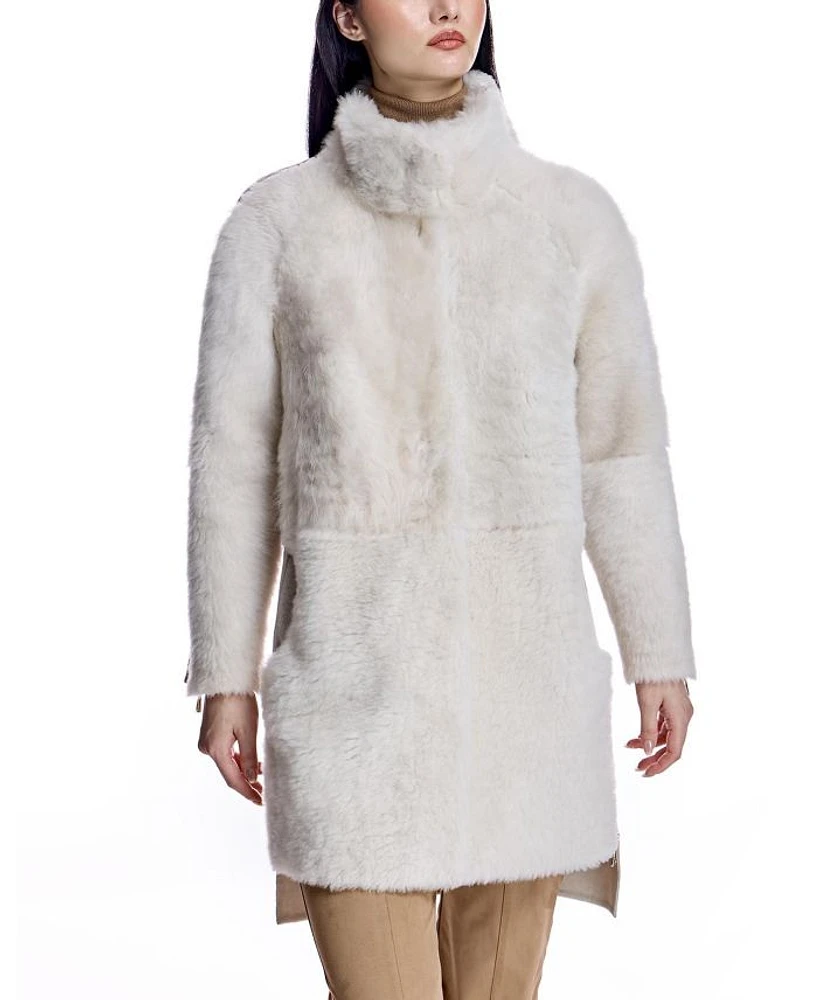Mixed-Media Shearling Coat With Zipper Trim