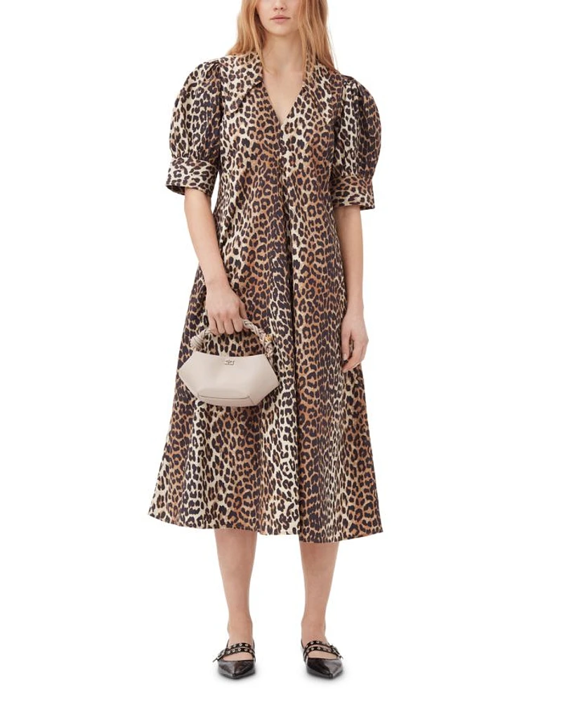 Leopard Cotton Poplin V Neck Maxi Dress