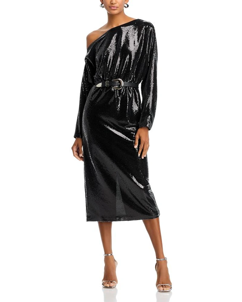 Sequined One Shoulder Midi Dress