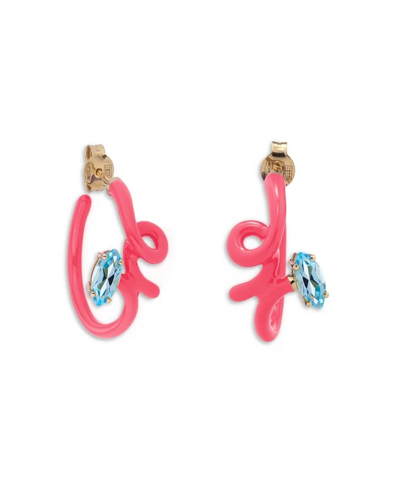 9K Yellow Gold & Sterling Silver You're So Vine Blue Topaz Pink Hoop Earrings