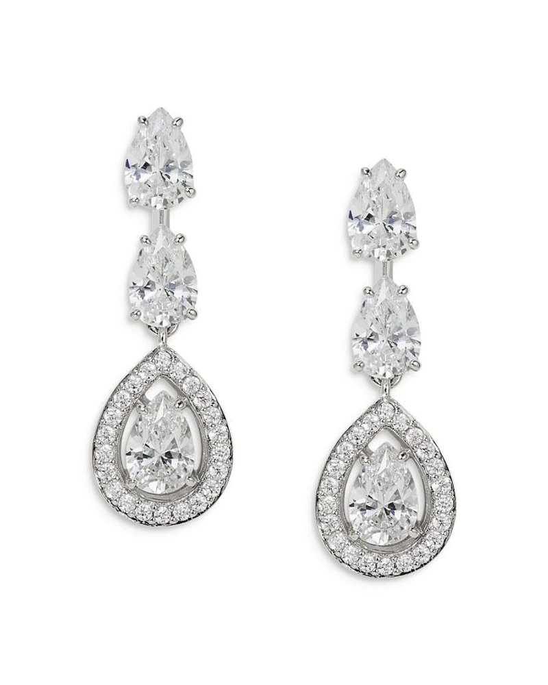 Radiant Pear Shape Cubic Zirconia Halo Drop Earrings in Rhodium Plated