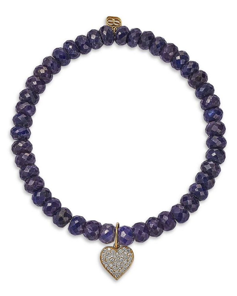 Mini Pavé Diamond Heart Charm Blue Sapphire Corundum Beaded Bracelet