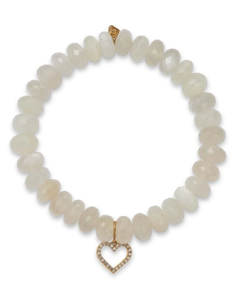 Diamond Open Heart Charm White Moonstone Beaded Bracelet