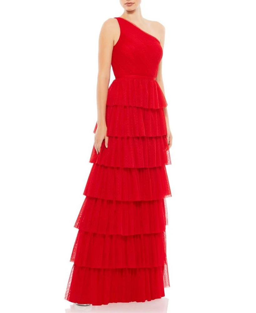 One Shoulder Layered Tiered Tulle Gown
