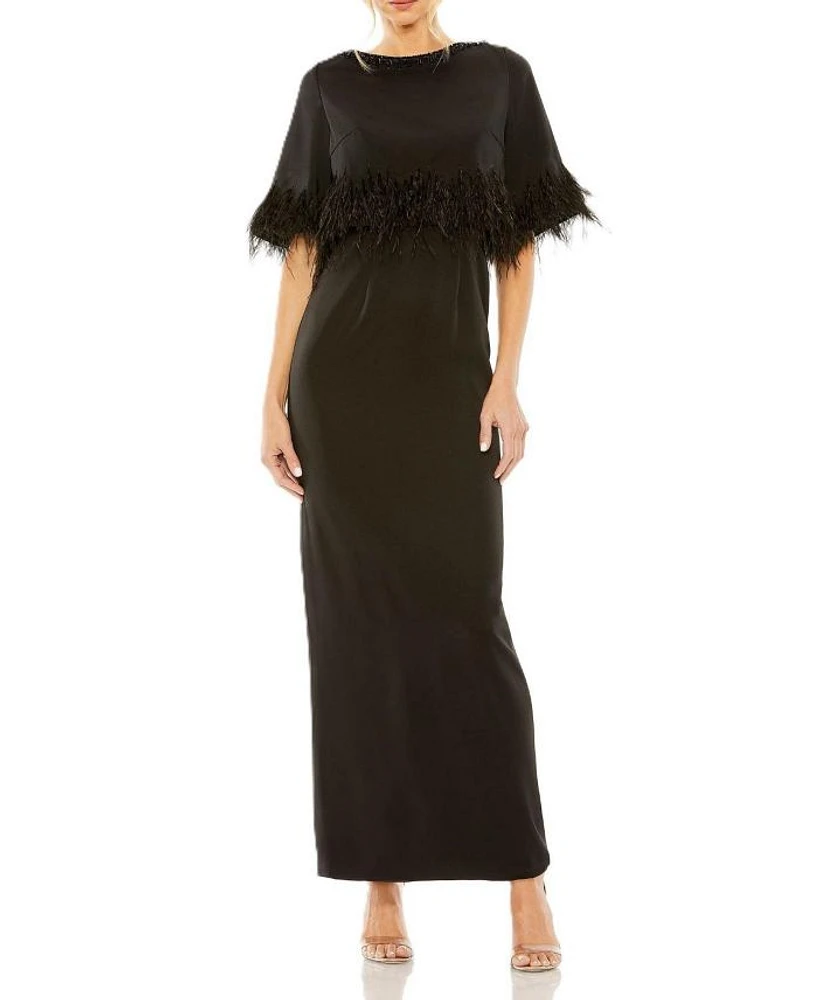 Quarter Sleeve Crystal Neck Feather Detail Dress