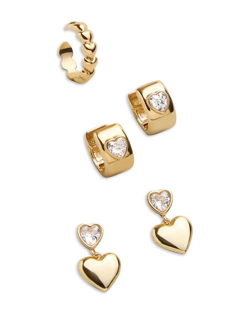 Alice Crystal Heart Drop, Huggie Hoop, & Single Cuff Earrings, Set of 3