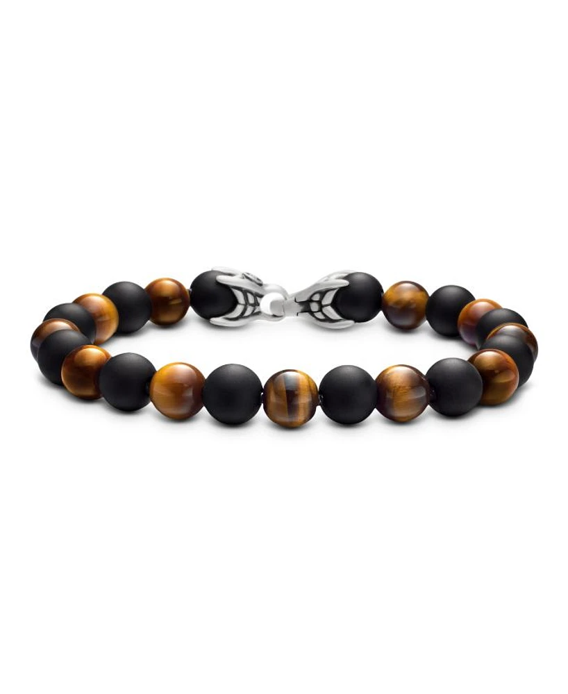 Men's Spiritual Beads Alternating Bracelet in Sterling Silver with Tigers Eye and Black Onyx, 8mm