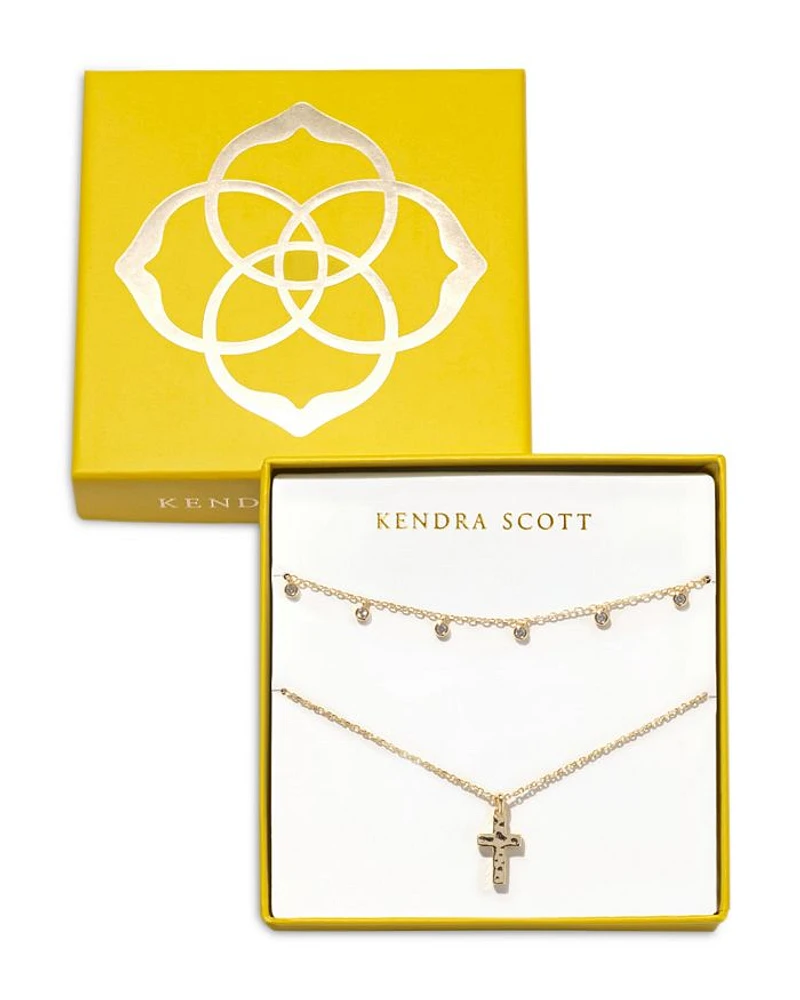 Amelia Bezel Crystal & Cross Pendant Necklaces in 14K Gold Plated, Set of 2