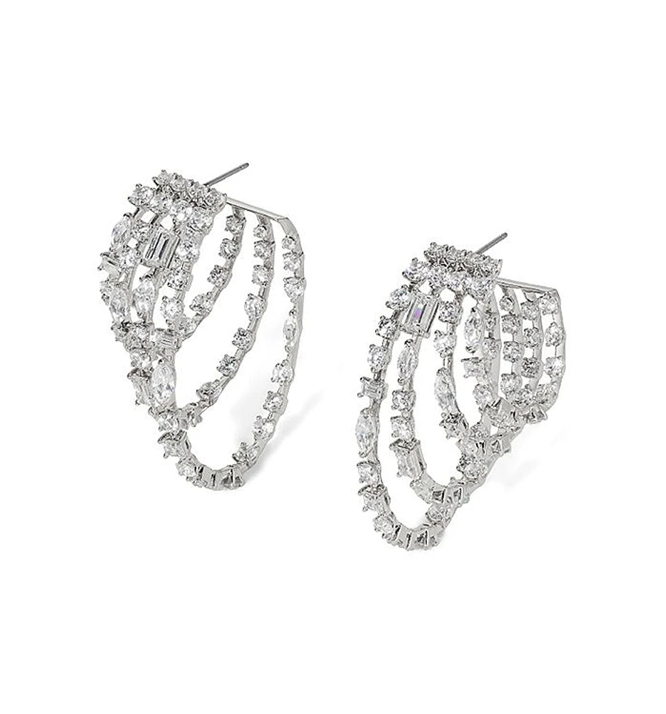 Cabaret Cubic Zirconia Multi Row Hoop Earrings in Rhodium Plated - Exclusive
