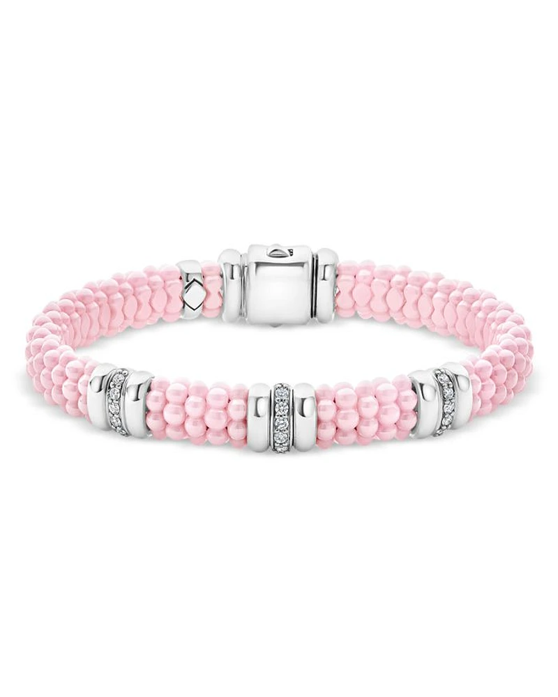 Sterling Silver Pink Caviar Diamond Station Ceramic Bead Bracelet