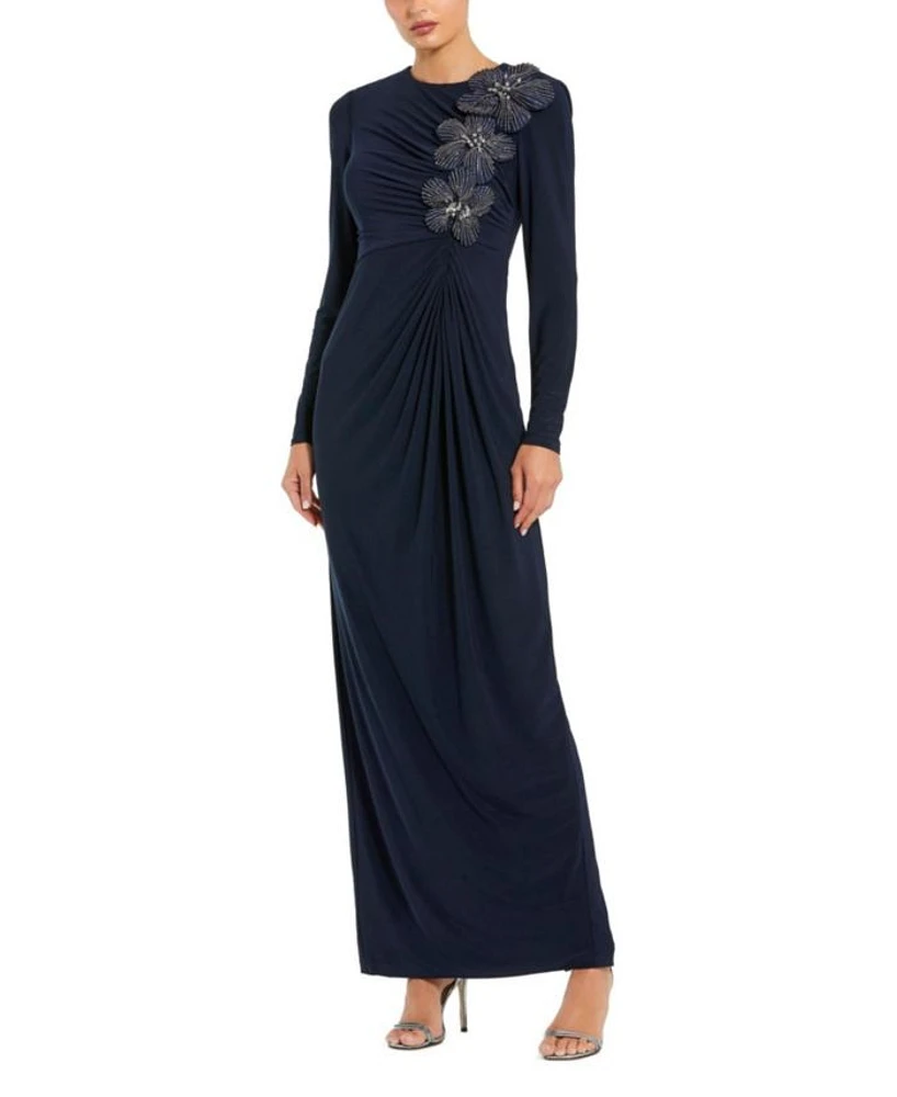 Jersey Long Sleeve Fitted Gown with 3D Flowers
