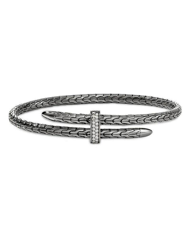 Sterling Silver Spear Diamond Pavé Flex Bypass Cuff Bracelet