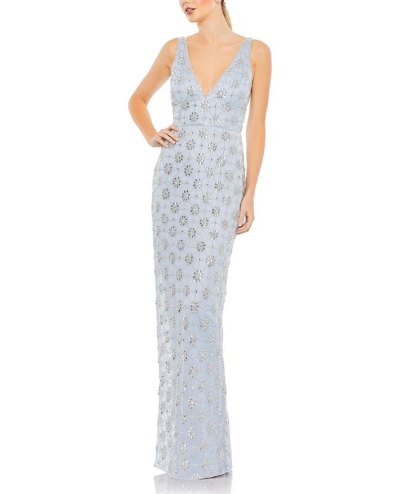Embellished Mesh V Neck Sleeveless Gown