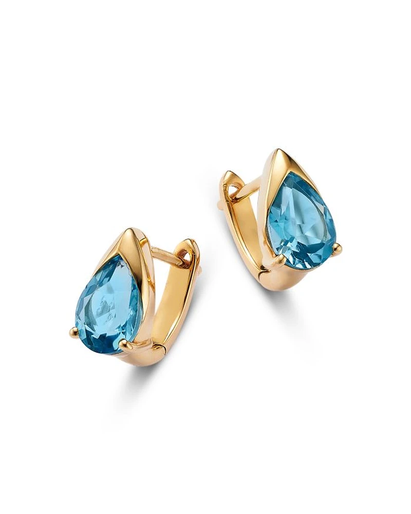London Blue Topaz Pear Huggie Hoop Earrings in 14K Yellow Gold