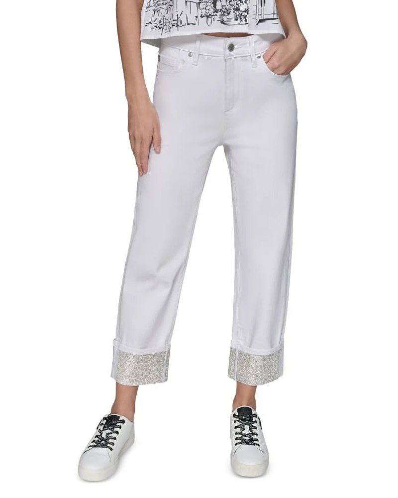 High Rise Crystal Cuff Jeans White