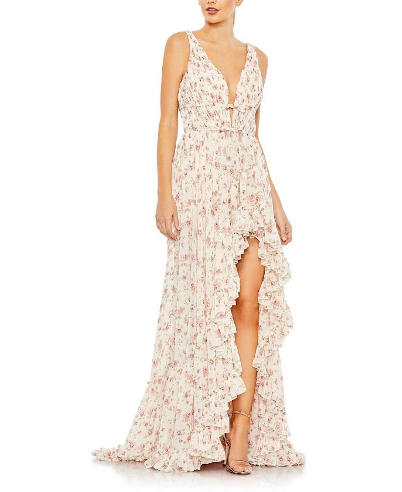 Floral Print Sleeveless Ruffled High-Low Gown