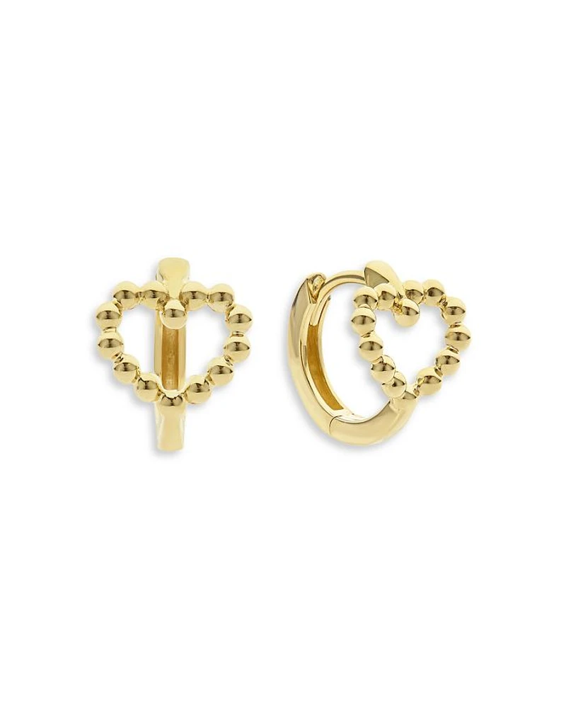 18K Yellow Gold Caviar Gold Beaded Heart Huggie Hoop Earrings