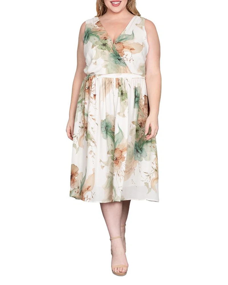 Floral Print Faux Wrap V Neck Midi Dress