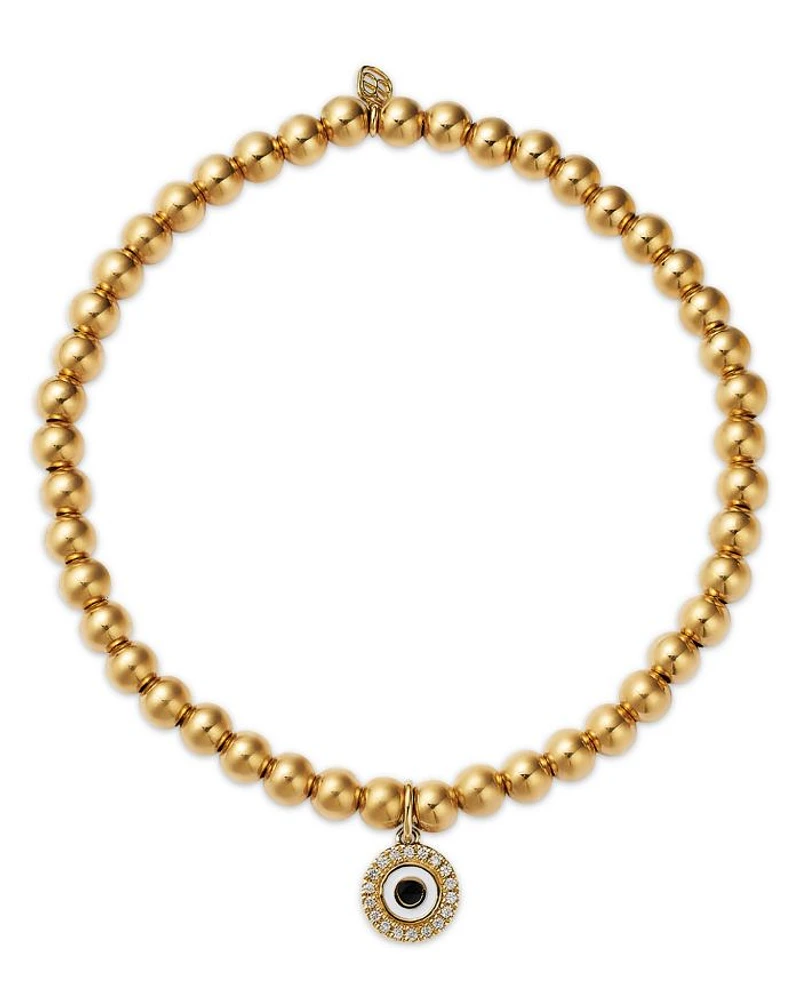 14K Yellow Gold Diamond Evil Eye Disc Charm Beaded Bracelet, 0.06 tcw
