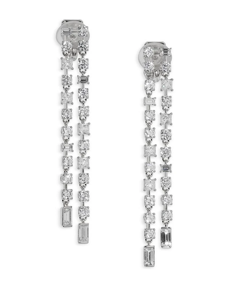 Cubic Zirconia Double Row Linear Drop Earrings in Rhodium Plated