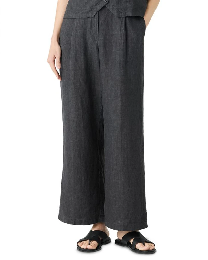 Washed Linen Délavé Pleated Wide Leg Pants
